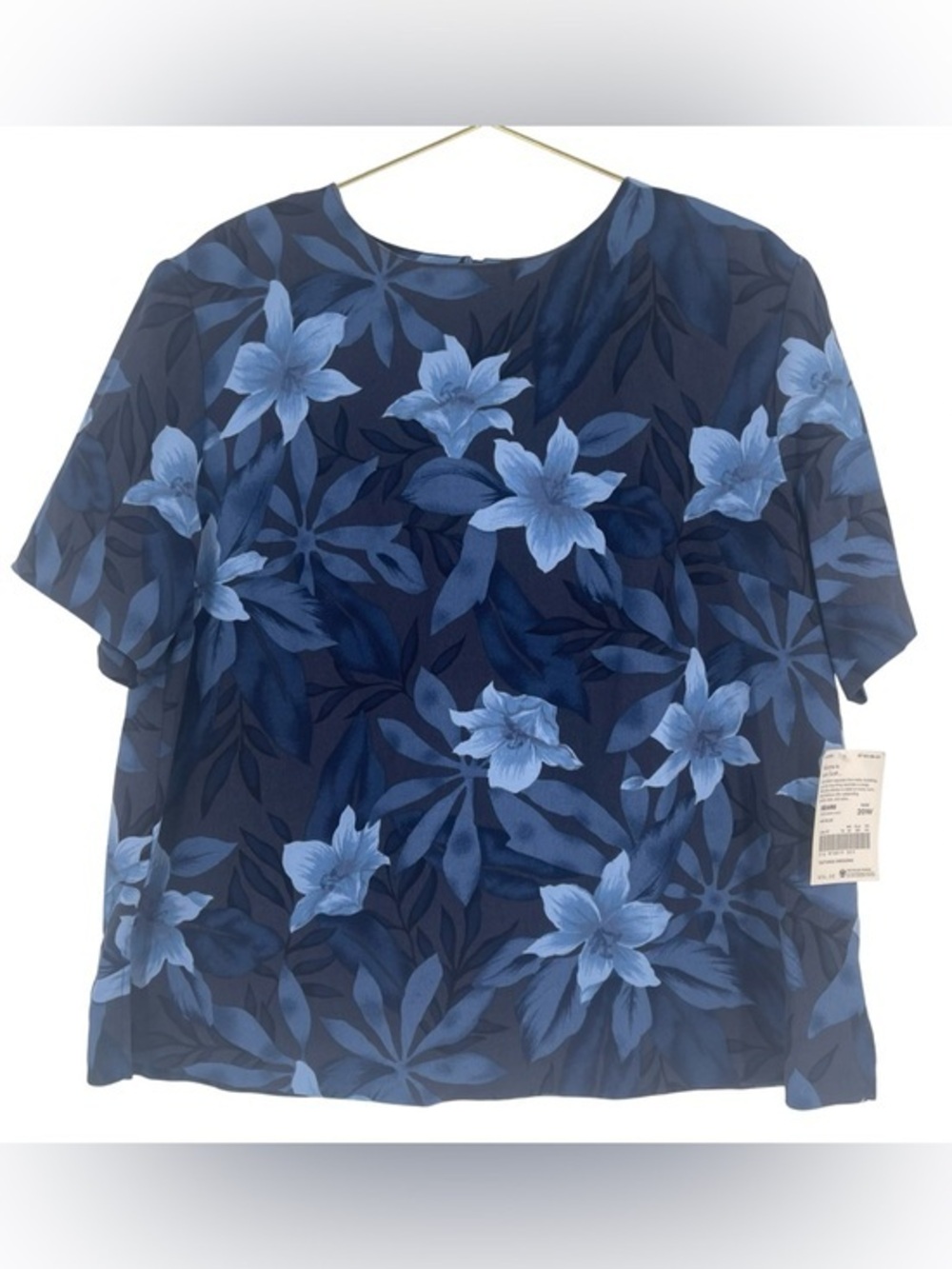 NWT Vintage Laura Scott Navy Blue Floral Short Sleeve shoulder pads Top 20W
